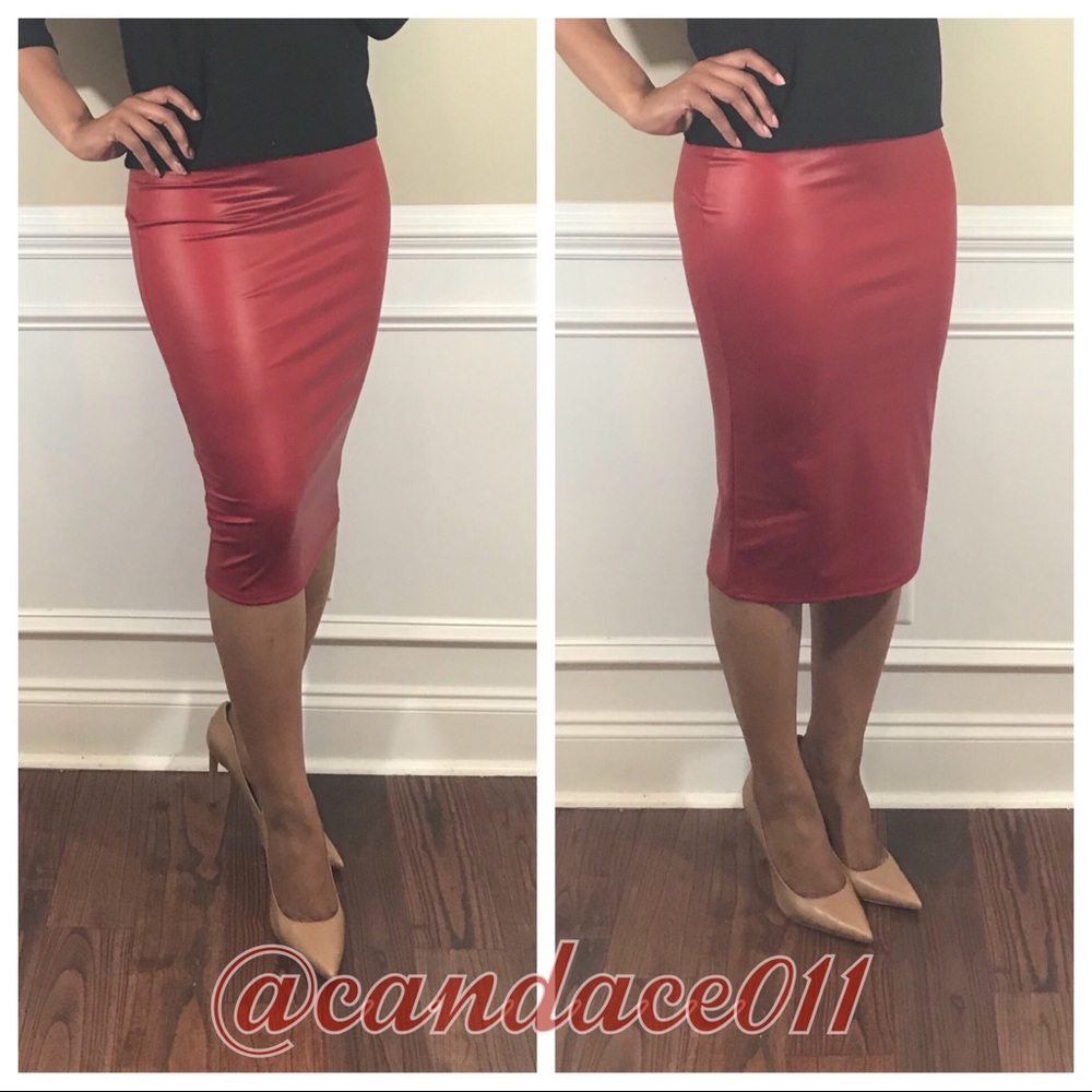 Red Stretch “Leather” Pencil Skirt - Picture 3 of 3